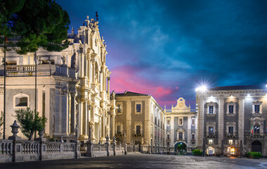 Piazza Duomo in Catania, Sicily, Italy with the Cathedral of Santa Agatha and Liotru at night