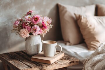 Cozy bedside table with a cup of coffee, a stack of books, and a vase of fresh flowers on a rustic wooden surface in a calming bedroom setting
