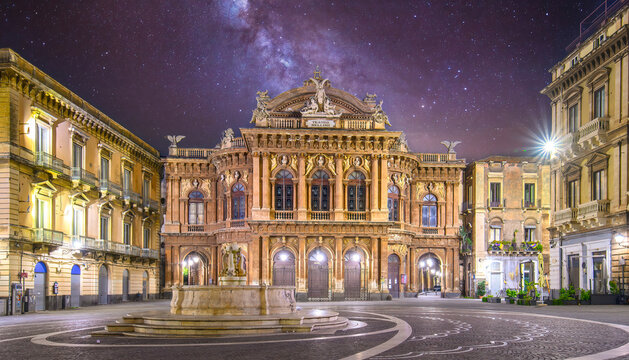Catania, Sicily, Italy. Massimo Bellini theatre on Piazza Vincenzo Bellini at night