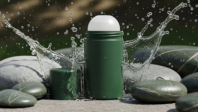 Refreshing green deodorant stick with water splash on natural stones