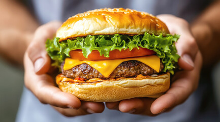 person holding an appetizing cheeseburger showcasing a grilled beef patty melted cheese crisp lettuce ripe tomato and sesame seed bun representing fast food and tasty cuisine
