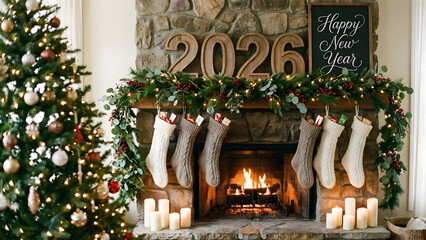 Cozy Fireplace and Christmas Tree with 2026 Decoration for Winter Holiday