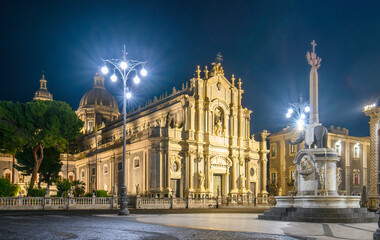 Piazza Duomo in Catania, Sicily, Italy with the Cathedral of Santa Agatha and Liotru at night