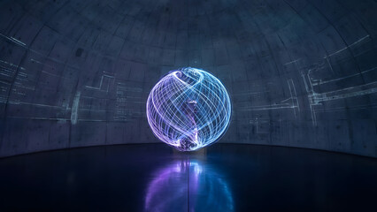Futuristic Digital Sphere with Network Glow in Dark Space