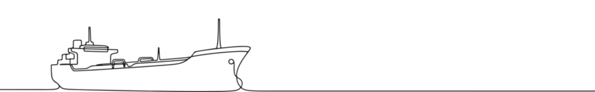 Continuous one line drawing of a cargo ship. Vector illustration of large marine vessel isolated on white background. Minimalist sea shipping concept