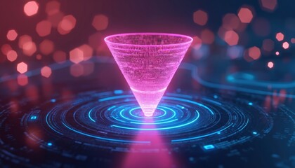 Holographic funnel chart glows neon pink and blue. Digital data streams spiral around base. Abstract bokeh lights float in dark background. Infographic visualization concept.