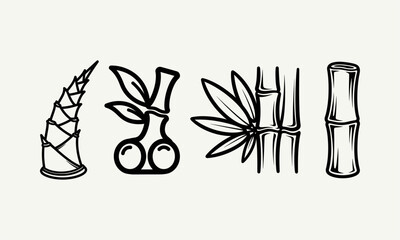 Bamboo plant parts hand drawn illustration set.