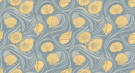 Seamless pattern of seashells and swirling ocean waves in a soft blue and yellow color palette