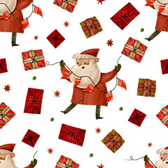 Cartoon Santa claus with socks on rope and gifts seamless pattern . Christmas design.  Hand drawn illustration on isolated background. New year happy holidays