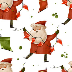 Cartoon Santa claus with socks on rope seamless pattern . Christmas wrapping paper, decor, textile design Hand drawn illustration on isolated background
