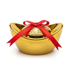 Chinese Gold Ingot With Red Ribbon on White Background