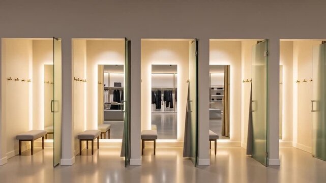 Row of luxurious retail changing rooms with illuminated mirrors, benches, and hooks