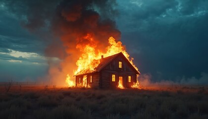 Fototapeta premium Old wooden house engulfed in bright flames. Smoke billows into dark moody sky. Structure burns intensely with glowing windows in rural landscape.