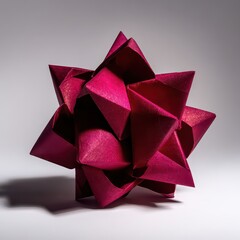 A Glittery Red Geometric Origami Star Sculpture with Sharp Edges and Subtle Shadows