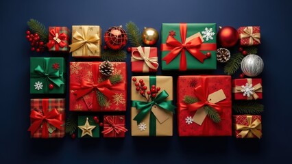 Festive christmas gifts arranged on dark blue background creating a joyful holiday spirit