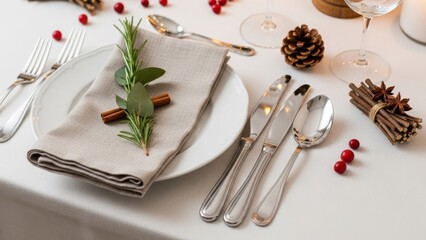 Festive table setting adorned with natural elements for a holiday gathering dinner