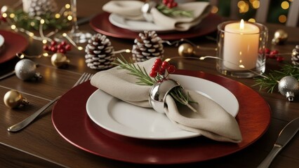Elegant Christmas table setting with red plates, ornaments, pinecones, and candle creating a