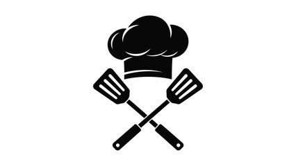 A simple black and white illustration of a chef s hat and two spatulas