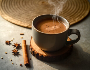 Steaming cup of hot chocolate with cinnamon and star anise. Cozy winter spiced drink with rustic warm lighting.