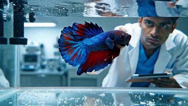 Scientist meticulously observes a vibrant blue and red betta fish in a clear diagnostic aquarium tank
