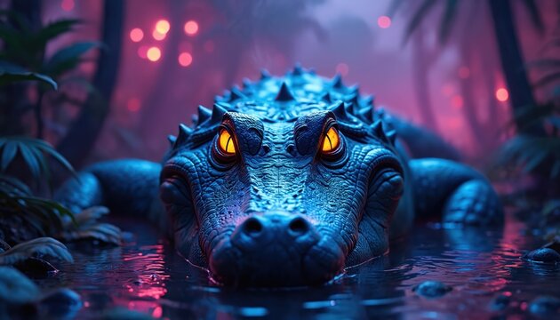 Close up on blue alligator with glowing orange eyes lurking in dark jungle water. Bioluminescent lights and rich foliage create eerie atmosphere. Predator waits underwater.