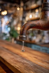 Close Up Of A Dripping Vintage Copper Faucet Over A Wooden Bar Top With Blurred Restaurant Background
