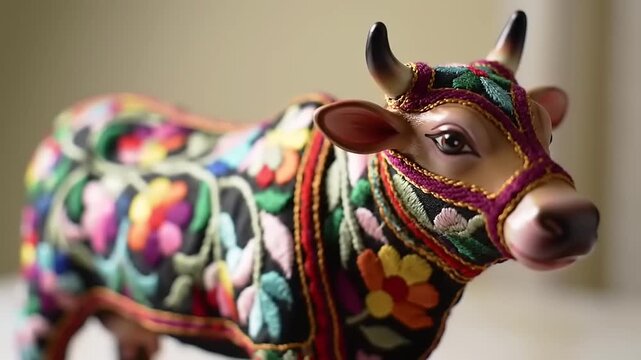Decorative cow figurine with colorful embroidery.
