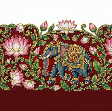 elephant and lotus border tanjore painting 
