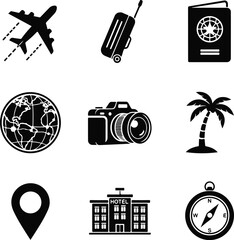 Black Travel and Tourism Icon Set Vector