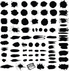 Diverse Black Ink Splatters Brush Strokes and Circles Collection splash