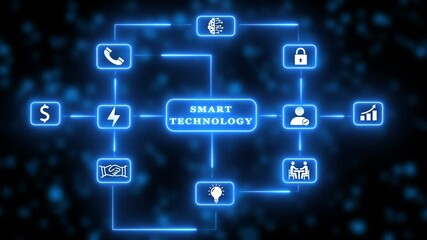 Smart technology network diagram with glowing blue neon icons and central text image photo - Powered by Adobe
