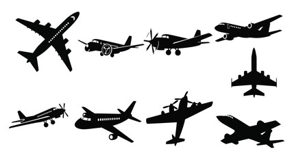 Collection of silhouetted airplanes various models and aviation designs depicted