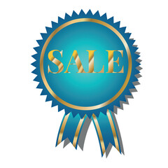 Bright blue Sale coupon.  Coupon sticker with the text Sale. Patterned pattern with ribbons and gilding on a transparent background.