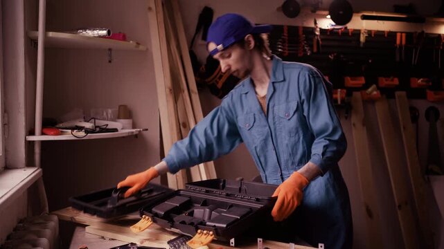 Handyman in blue overalls putting professional tools into plastic toolbox in garage workshop