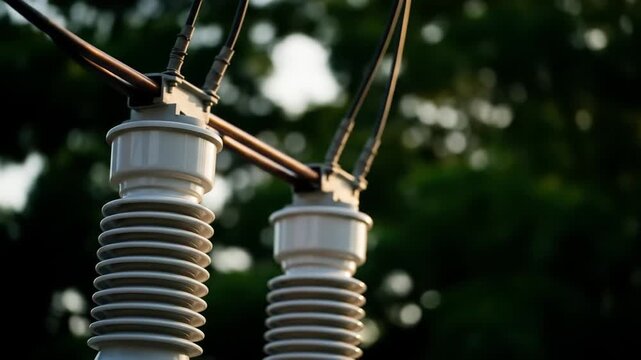 Close-up of ribbed electrical insulators with power lines against a blurred green background