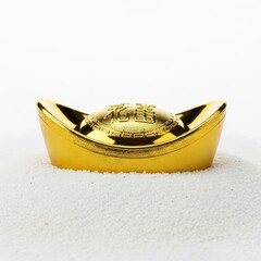 Golden Chinese Ingot on White Granules, Symbol of Wealth
