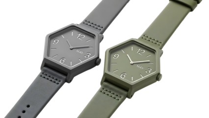 Two hexagonal wristwatches with leather straps, one gray and one olive green, displaying time isolated on transparent background