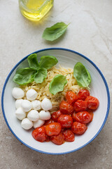 Orzo with mini mozzarella, roasted cherry tomatoes and basil in a white and blue plate, vertical shot, elevated view