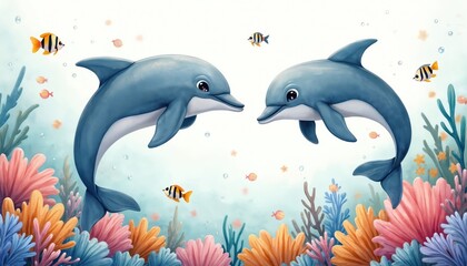 Obraz premium Two playful dolphins swim above colorful coral reef and small fish. Underwater scene painted in soft watercolor style, bright and cheerful mood. Aquatic animals in natural habitat.