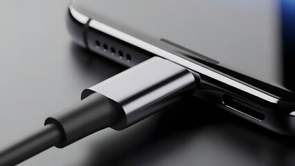 Close-up of a sleek mobile device receiving essential power through a modern charging cable, illustrating contemporary technology and connectivity