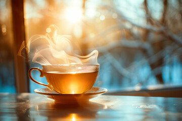 Elegant minimalist tea aesthetic with ceramic teacup and warm steam in natural light setting