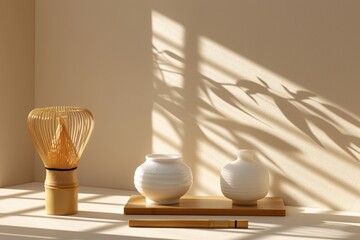 Serene matcha tea bowl with bamboo whisk on minimalist matte pastel background in soft daylight