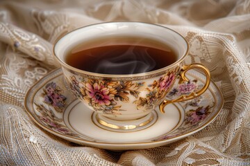 Vintage porcelain cup of black tea on linen cloth with soft ambient light and calm composition