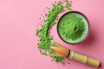 Zen inspired matcha tea bowl with bamboo whisk on matte pastel background for stock photography