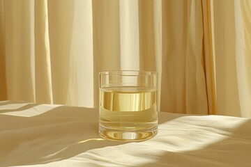 Cozy herbal tea in glass cup captured in gentle natural light with warm tones and simple background