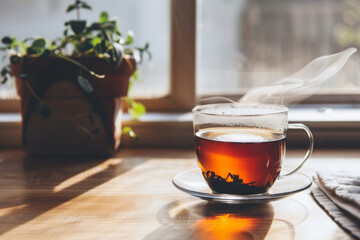 Cozy herbal tea in a glass cup with gentle natural light and neutral warm tones in a modern setting