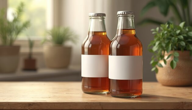 Two glass bottles with amber liquid and blank white labels stand on wooden table. Indoor plants in pots on background near window. Ready for branding, beverage product mockup.