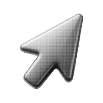 Halftone arrow cursor pointer icon for web and app interface, abstract navigation symbol in black dot raster style on white background.