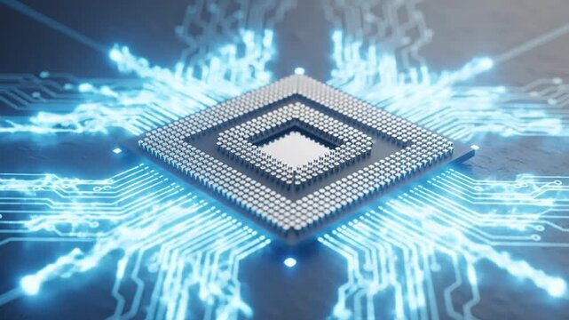 Advanced digital microchip with glowing circuit pathways illustrating modern technology