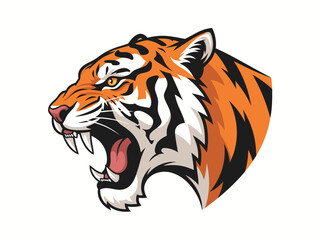 A fierce tiger's head is depicted in profile with its mouth open, revealing sharp teeth and a pink tongue, showcasing its striking orange and black stripes and intense yellow eyes.